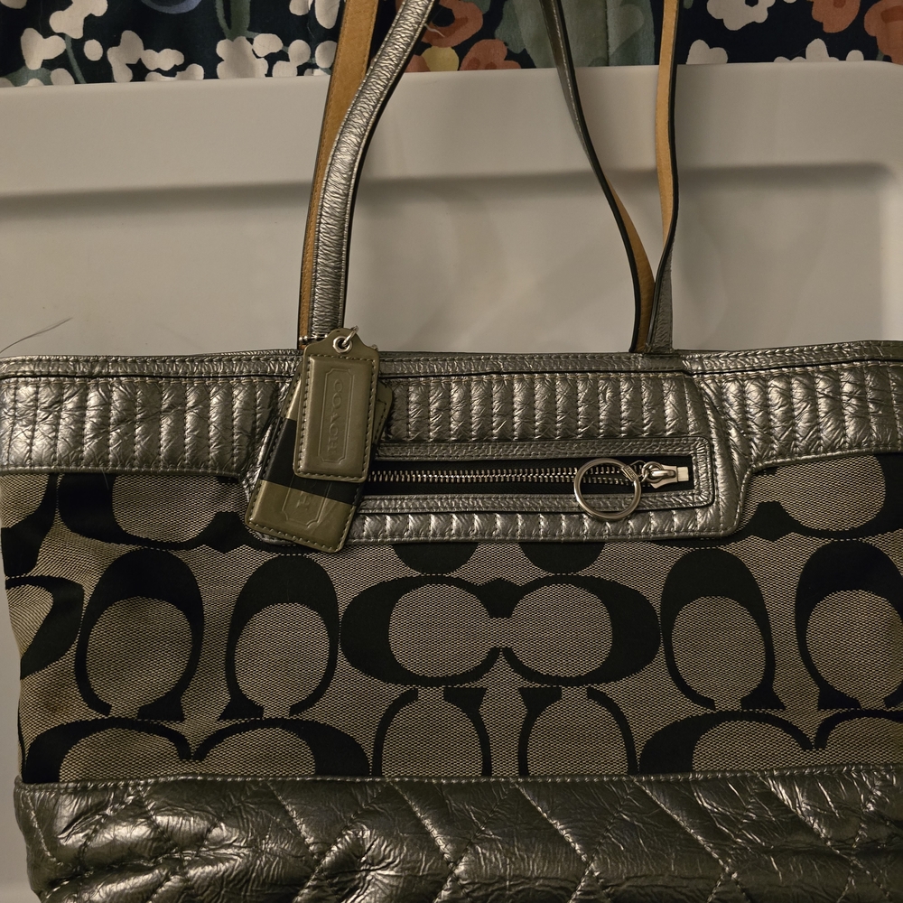 Coach Metallic Silver and Black Tote Bag